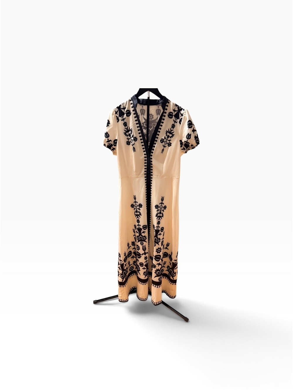 Shein Elegant  Vintage look Cream Dress with Black Floral Embroidery